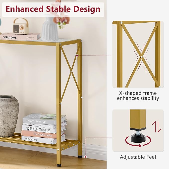 Tajsoon Entryway Table, 2-Tier Small Consle Table for Entryway, Narrow Sofa Table with Shelves, Entrace Table for Hallway, Living Room, Corridor, Office, Gold & White