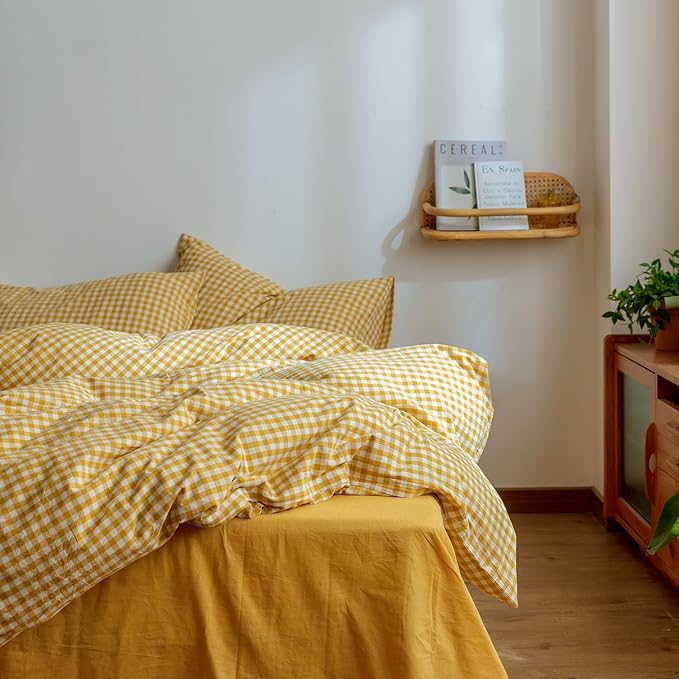 mixinni Yellow Gingham Comforter Set Twin XL, Plaid Comforter Set 3 Pieces 1 Yellow Grid Comfoter with 2 Pillow Cases for All Seasons, Soft Fluffy Modern Grid Pattern Printed Bedding-Twin XL Size