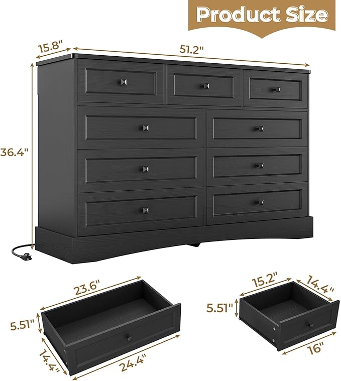 Hasuit Black Dresser for Bedroom with 9 Drawers, 51.2" Large Drawer Dresser with Charging Station, Wide Farmhouse Dresser Chest of Drawers, Wooden Storage Tower Organizer, Dresser for Bedroom Closet