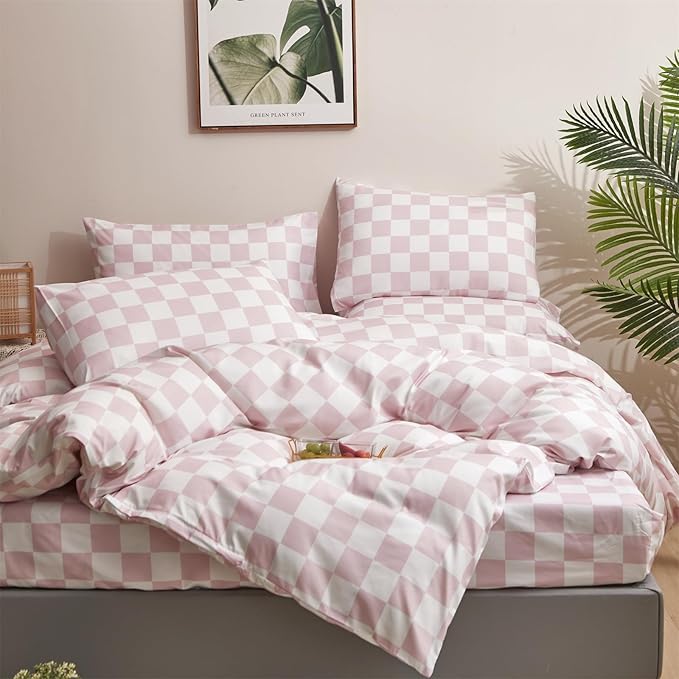 CLOTHKNOW Pink White Plaid Queen Comforter Set 3Pcs Grid Bedding Comforter Sets Soft Checkered Queen Comforter with 2 x Pillow Cases