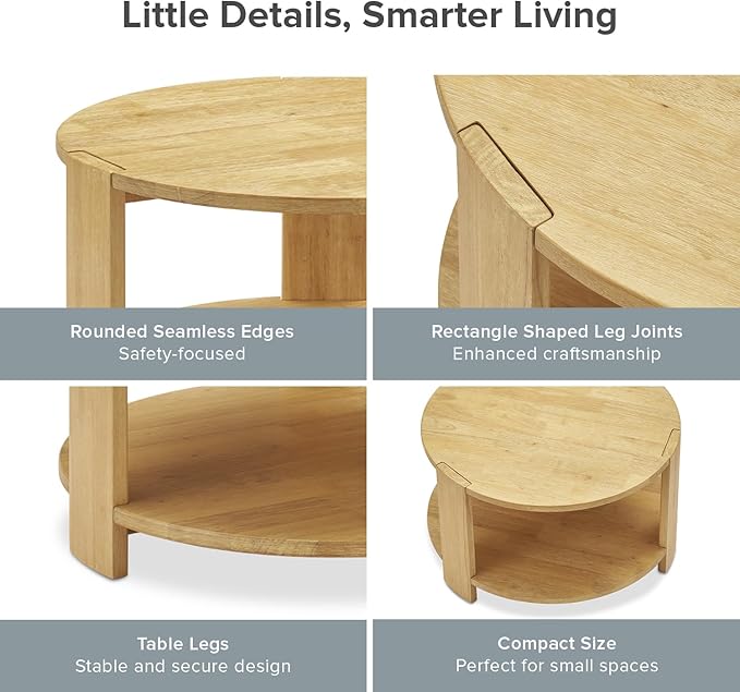 mopio Logan Solid Wood 2-Tier Round Coffee Table, Modern Farmhouse Solid Rubberwood with Light Wire Brush Rectangle Shaped Leg