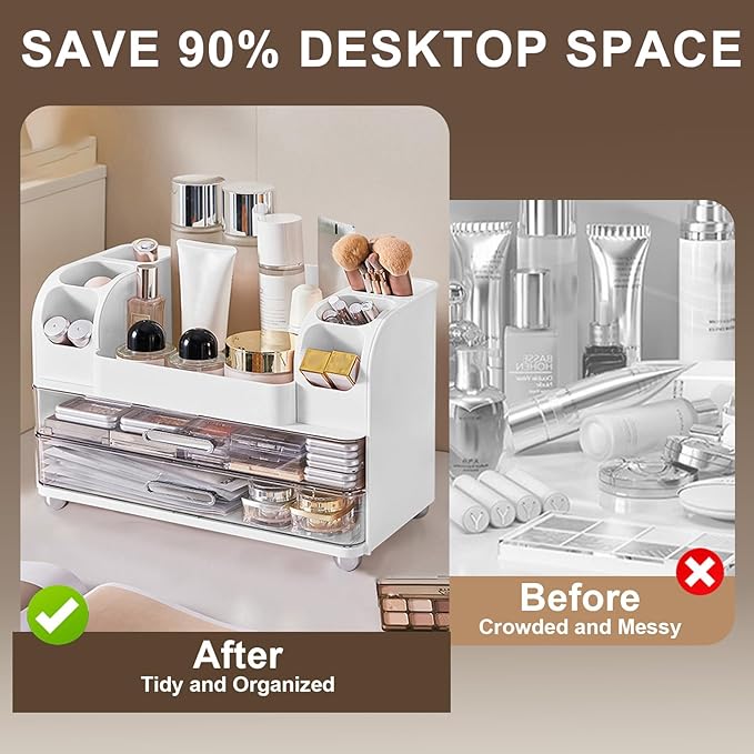 DASITON Large Capacity Makeup Organizer for Vanity with 2 Drawers, Skincare Organizers with Makeup Brush Holder, Cosmetic Display Case for Dresser Vanity Bathroom Countertop (White)