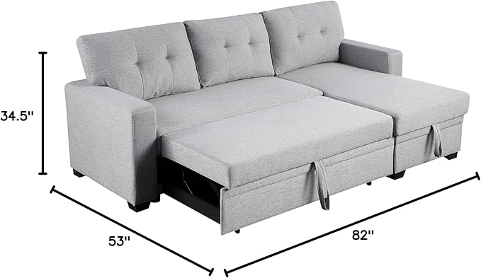 82 Inch Convertible Sleeper Sectional Sofa with Storage Chaise and Pull-Out Bed, Linen Upholstered Reversible Corner Couch, Modular L Shaped Couches for Living Room, Home Furniture, Light Gray