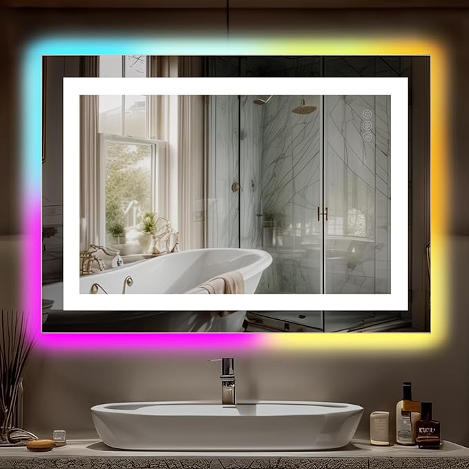 Antok 28"x 36" LED Bathroom Mirror with Lights, Anti-Fog, Dimmable, Lighted Vanity Mirror with Tempered Glass, Memory Function, 11 Light Modes, Safe Use, Horizontal, Vertical