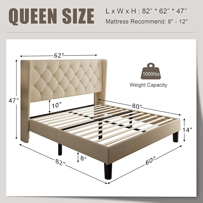 Queen Size Upholstered Bed Frame with Wingback Headboard, Fabric Linen Platform Bed, 8" Under Bed Storage, Wooden and Metal Slats Support, Noise Free, No Box Spring Needed, Beige