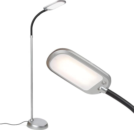 Brightech Litespan Slim LED Floor Reading Lamp with Adjustable Gooseneck for Living Rooms & Offices, Dimmable Standing Lamp for Bedroom - Silver