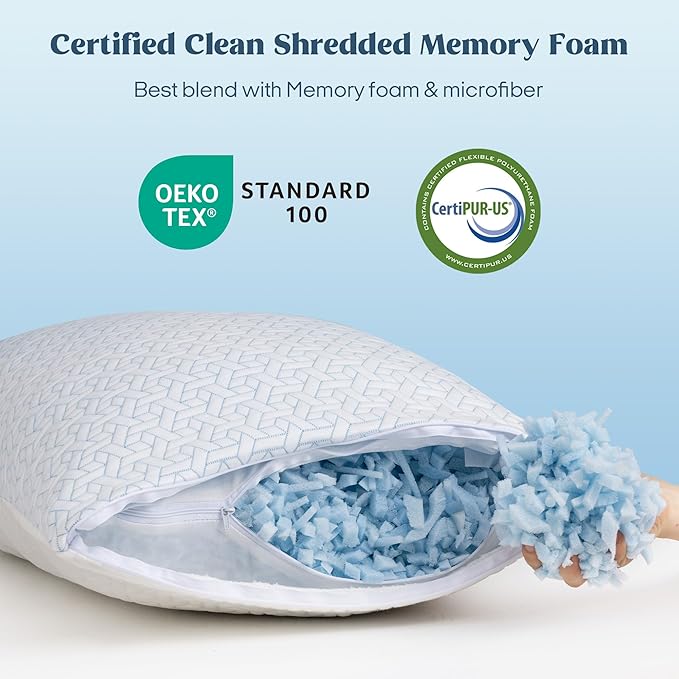 puredown® Queen Size Pillows Set of 2, Shredded Memory Foam Pillows, Cooling Queen Pillow 2 Pack, Adjustable Firm Bed Pillow for Sleeping, Side, Back and Stomach Sleepers