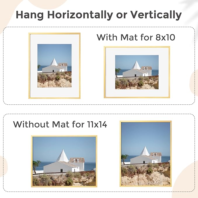 11x14 Picture Frame - 11 by 14 Metal Picture Frame With Mat For 8x10 | 14x11 Frame Aluminum | Plexiglass And Hanging Hardware Included | 11x14 Poster Frame | Gold