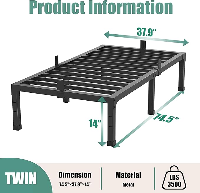 Twin Size Bed Frames, 14 Inch High 3500 lbs Heavy Duty Metal Platform, Mattress Foundation with Steel Slat Support/No Box Spring Needed/Noise Free/Non-Slip/Easy Assembly