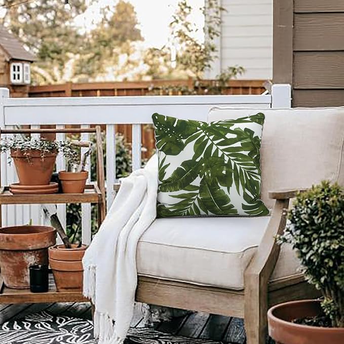 LVTXIII Outdoor Throw Pillows 18x18 Patio Waterproof Square Pillows with Piping Fade Resistant Accent Pillow for Spring Summer Garden Decoration, Set of 2, Palms Green
