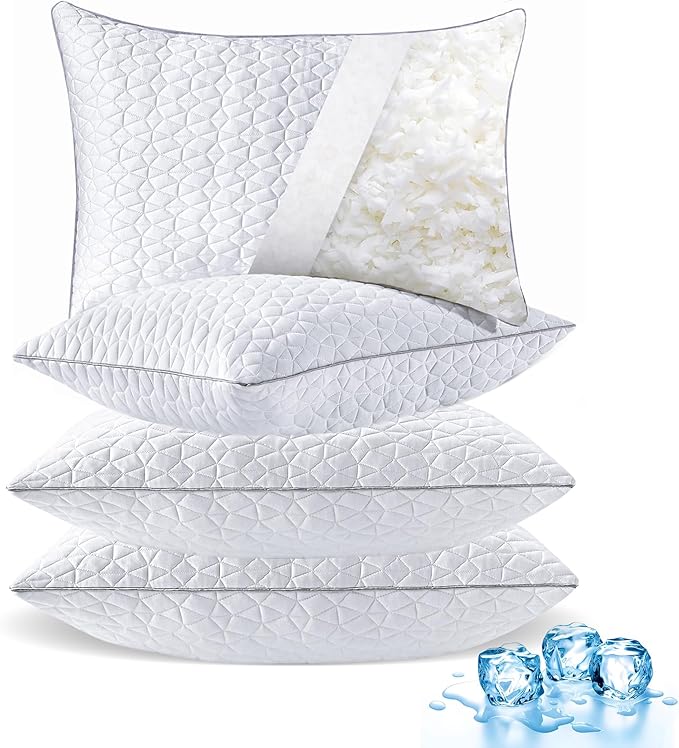 Cooling Pillows Queen Size Set of 4, Shredded Memory Foam Pillows, Adjustable Firm Bed Pillows Cool Cold Pillow for Hot Side Back Stomach Sleepers with Removable Washable Cover, 20" x 30", White
