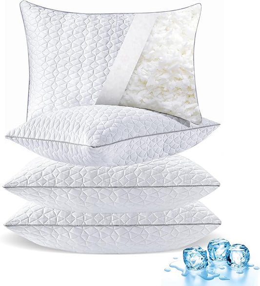 Cooling Pillows Queen Size Set of 4, Shredded Memory Foam Pillows, Adjustable Firm Bed Pillows Cool Cold Pillow for Hot Side Back Stomach Sleepers with Removable Washable Cover, 20" x 30", White