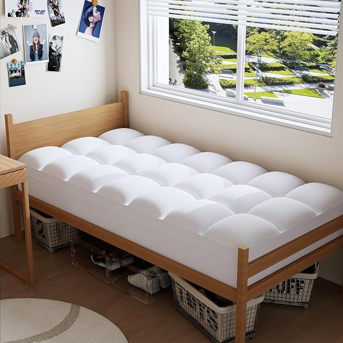 Twin XL Mattress Topper for Back Pain Relief, Extra Thick Pillow Top Plush Mattress Pad with Deep Pocket, Soft Pillowtop TwinXL Size Bed Toppers Filled Fluffy, College Dorm, White