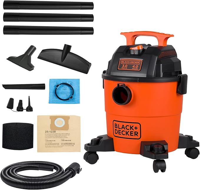 BLACK+DECKER Shop Vacuum Wet and Dry, 4 Gallon 3-in-1 Portable Shop Vac with Accessories, Workshop, Garage, Home and Car Vacuum Cleaner, 3 HP(BDXV18301P-4A)