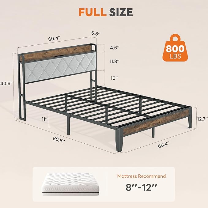 Sweetcrispy Full Bed Frame with Headboard,Spacious Underbed Storage,Integrated Charging Station,Durable Squeak-Free Frame,Simple No-Tool Assembly,Works with Full Mattress No Box Spring Required