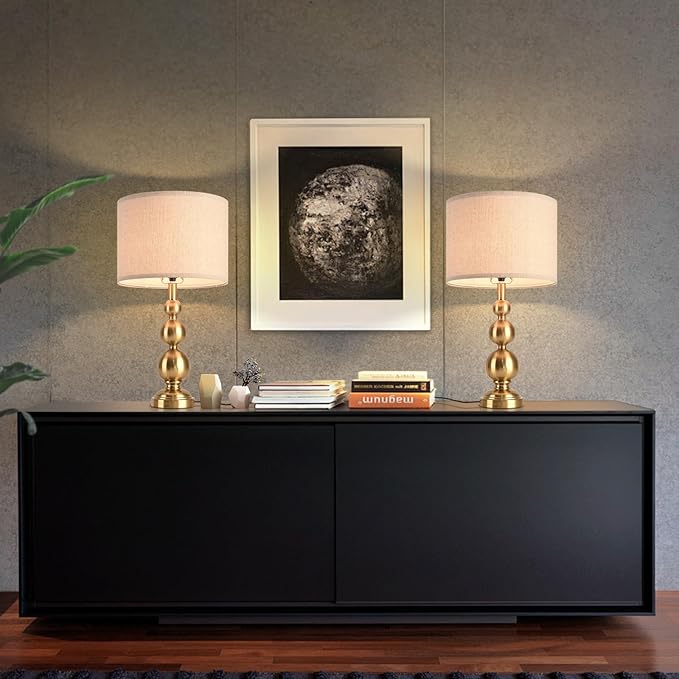 Gold Table Lamp Set of 2, 24.4" Table Lamps for Living Room, Gold Tall Skinny Table Lamps, Modern Buffet Lamp for Bedroom Bedside, Nightstand, Desk, End Table, Entry Way