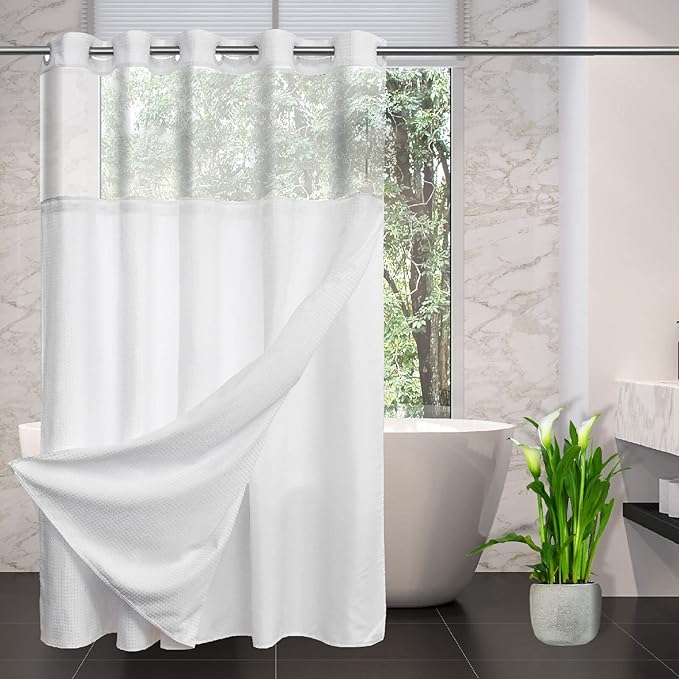 No Hooks Required Waffle Weave Shower Curtain with Snap in Liner-Hotel Grade Waterproof & Mesh Top Window Spa Like Bath Curtain Machine Washable Heavy Duty 71Wx74L(White)