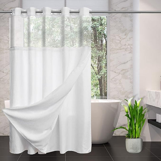 No Hooks Required Waffle Weave Shower Curtain with Snap in Liner-Hotel Grade Waterproof & Mesh Top Window Spa Like Bath Curtain Machine Washable Heavy Duty 71Wx74L(White)