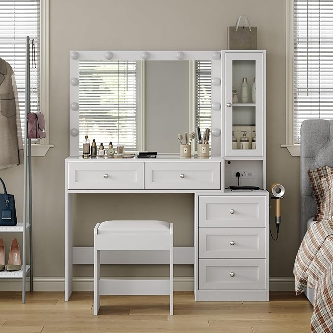 43" W Vanity Desk with Mirror & 11 Lights, 5 Drawer Modern Makeup Desk with Glass top & Cushioned Stool, 3 Lighting Modes Brightness Adjustable,Power Outlet,Bedroom，White