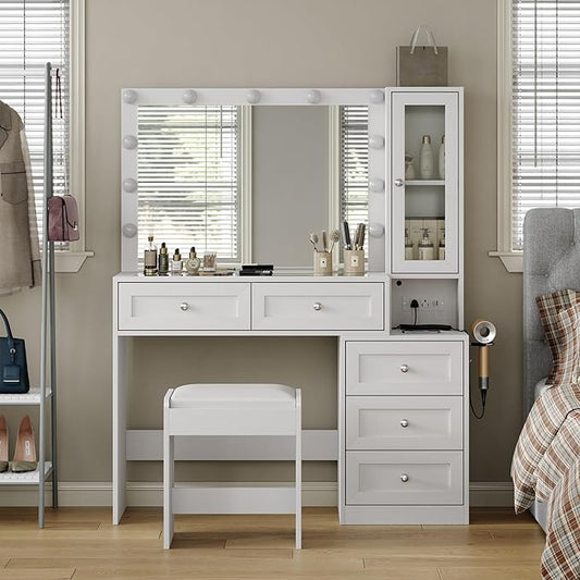 43" W Vanity Desk with Mirror & 11 Lights, 5 Drawer Modern Makeup Desk with Glass top & Cushioned Stool, 3 Lighting Modes Brightness Adjustable,Power Outlet,Bedroom，White