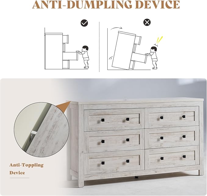 AMERLIFE 6 Drawer Dresser for Bedroom, 54" Wide Dresser TV Stand with Large Drawers, Farmhouse Wood Chest of Drawers with Vintage Grain Texture, Distressed White