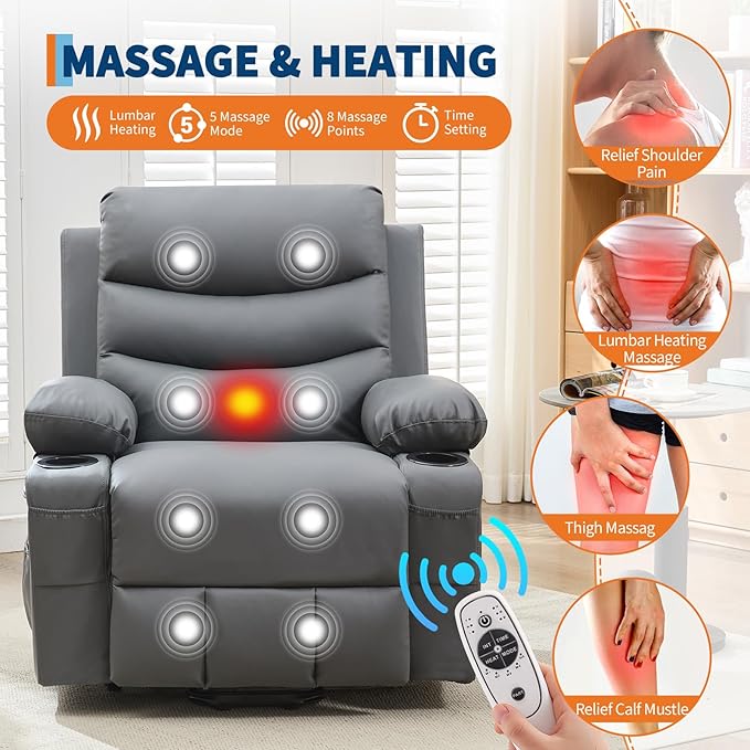 Power Lift Recliner PU Chair for Elderly, with Massage & Heat, Big and Tall Living Room or RV Single Sofa for Adults, 135° Reclining Accent Chairs, 2 Cup Holders and Side Pockets (Gray Leather)