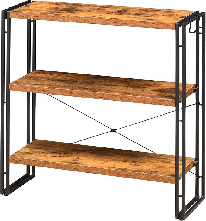 HCHQHS Bookshelf, 3-Tier Industrial Bookcase, Rustic Open Book Shelf, Freestanding Horizontal Bookshelves with Metal Frame