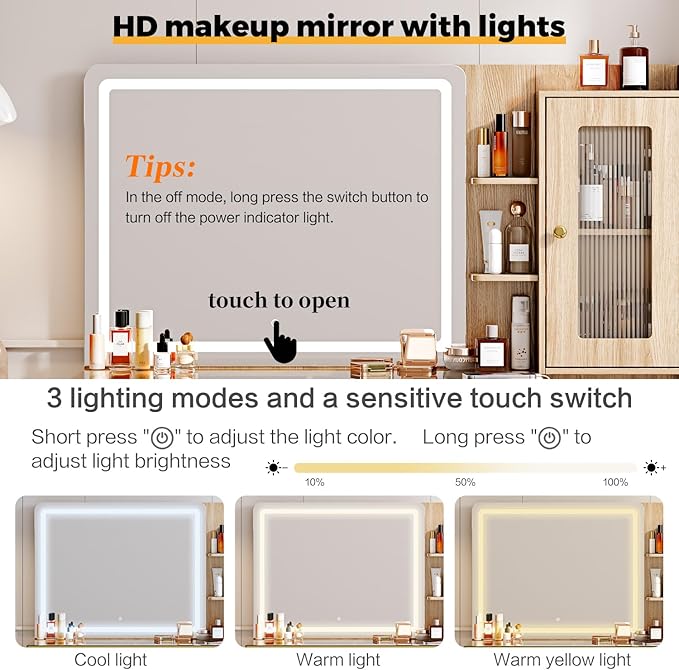 47.24" Big Modern Vanity Desk with Mirror and Lights, Vanity Desk with 29.53" HD Lighted Mirror, Makeup Vanity with 5 Drawers and Storage Shelves and Charging Station, Oak2