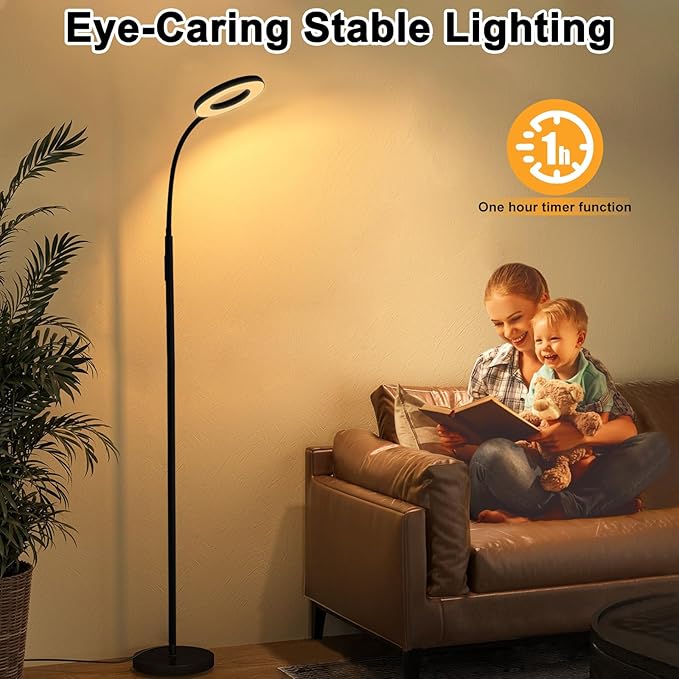Floor Lamp, LED Reading Light, Bright Modern Tall Lamps, 3 Color Temperatures & Adjustable Brightness Gooseneck Standing Lamp with Remote & Touch Control for Living Room, Bedroom, Office