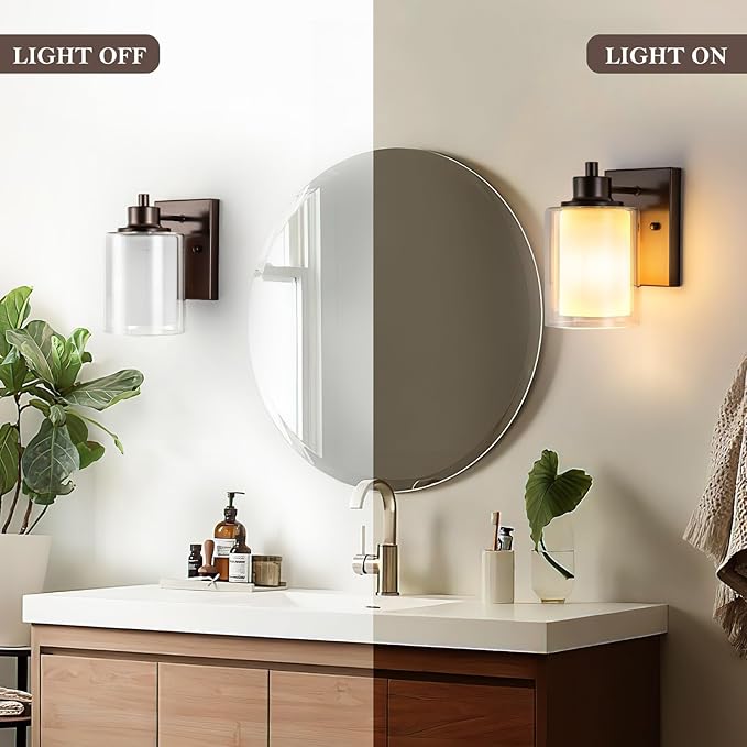 3 Pack Bath Vanity Light Fixtures 1-Light, Indoor Oil Rubbed Bronze Wall Light with Dual Glass Shade, Farmhouse Bathroom Wall Scone, Vintage E26 Bese Wall Mount Lighting