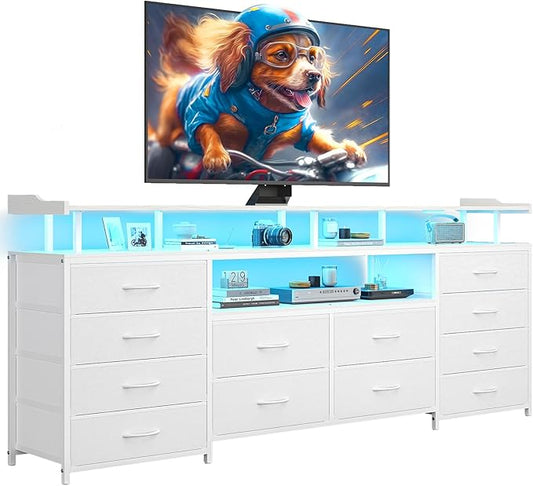 12 Drawers TV Stand Dresser for 65/70 inch TV, Entertainment Center with LED Lights & Power Outlets, 63" Large LED TV Stand, TV Console for Bedroom