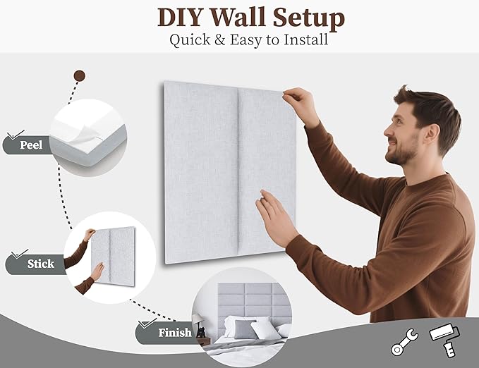 9-Pack Queen Size Upholstered Headboard Panels, Wall Mounted Peel and Stick Backboard for Interior Wall Decor, Bed Headboard Queen Size, Tufted Style, 10"x24" Each, Light Grey