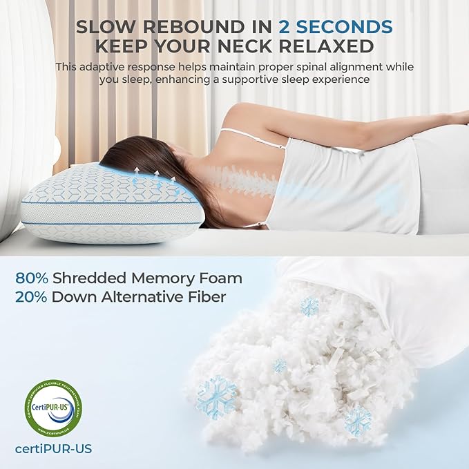 Sweetnight Cooling Pillows Queen Size Set of 2, Shredded Memory Foam Pillows 2 Pack for Hot Sleepers, Cold Bed Pillows for Sleeping, Washable with Removable Cover, Cool Night