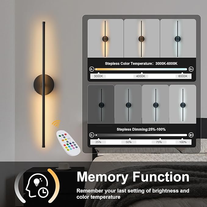 Battery Operated Wall Sconces Set of Two, with Remote Control, Dimmable, Warm White/Natural White/Daylight/RGB, 350°Rotate, LED Black Wireless Wall Light for Living Room, Bedroom, 28.3 Inch
