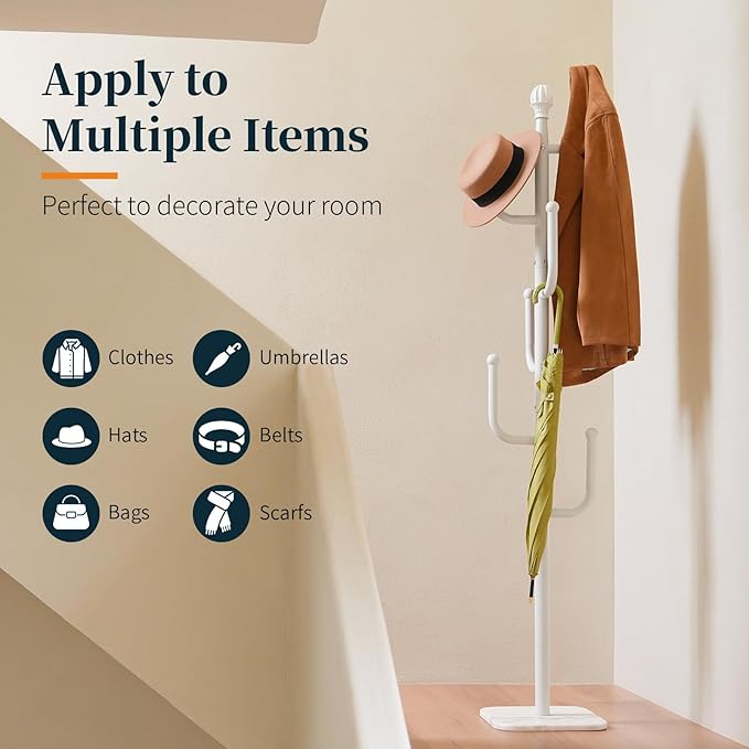 Yoobure Coat Rack Freestanding with Natural Marble Base - Cactus Coat Tree with 6 L-shaped Hooks, Heavy Duty Coat Hanger Stand, Metal Coat Rack Stand for Entryway, Hall Tree for Jacket/Hat/Clothes/Bag