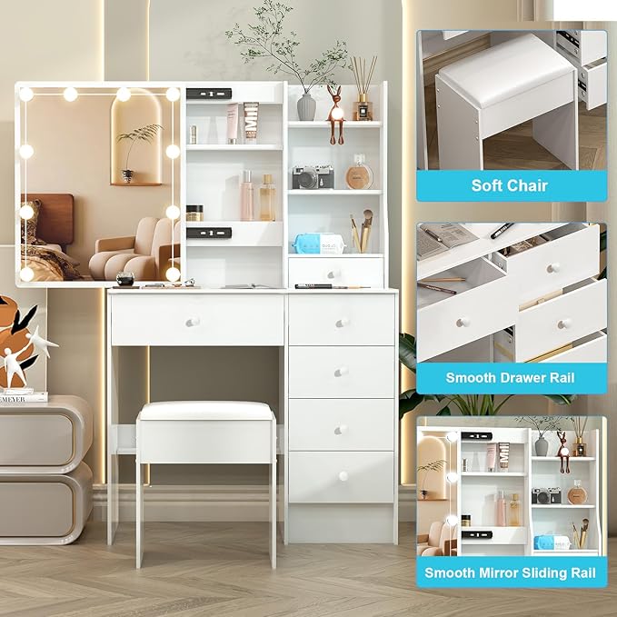 Small Vanity with Mirror and Lights,Vanity Table with 6 Drawers 6 Storage Shelves & 10 LED Bulbs Slide Mirror for Bedroom,White,31.5" L*14.2" W*51.2" H