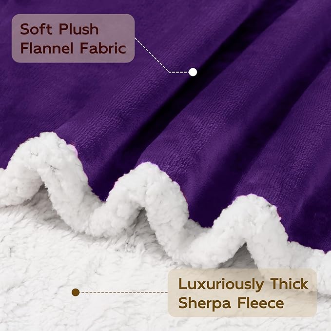 BEAUTEX Sherpa Fleece Throw Blankets, Soft Fluffy Flannel Plush Blanket and Throw, Fuzzy Cozy Purple Cuddle Blankets for Couch Bed Sofa Adults (50" x 60", Purple)