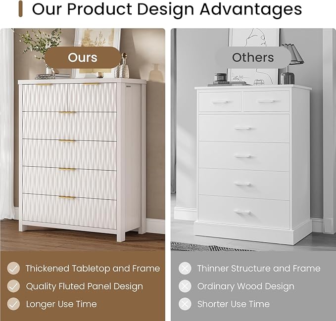 6 Drawers Dresser, 43.7" Tall Drawers for Bedroom, Extra-Thick Tabletop & Frame, Modern Chest of Wood Drawer Organizer for Bedroom, Living Room, Hallway, Closet, Beigewhite