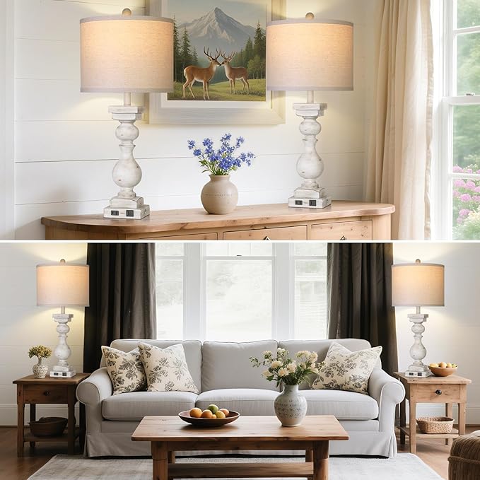 28" Tall Farmhouse Table Lamps Set of 2 with USB C+A Ports and AC Outlet, 3 Way Touch Tall Rustic Bedside Lamps for Living Room, Off White Vintage Lamps for Bedroom Nightstand