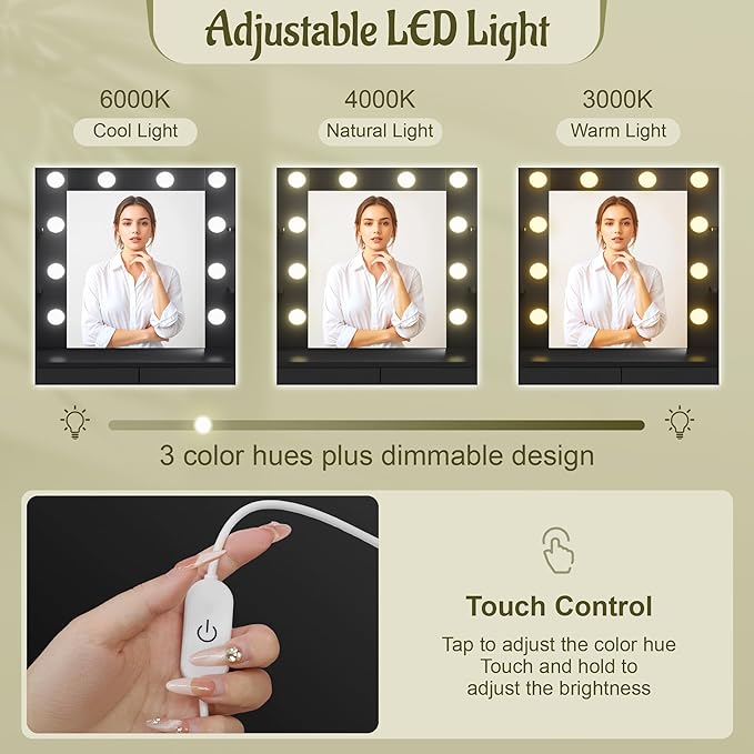 YESHOMY Vanity Desk with Mirror, Makeup Table with 2 Large Drawers, Power Outlet and Round Holder, 3 Color Modes Adjustable Bulb, Pure Black