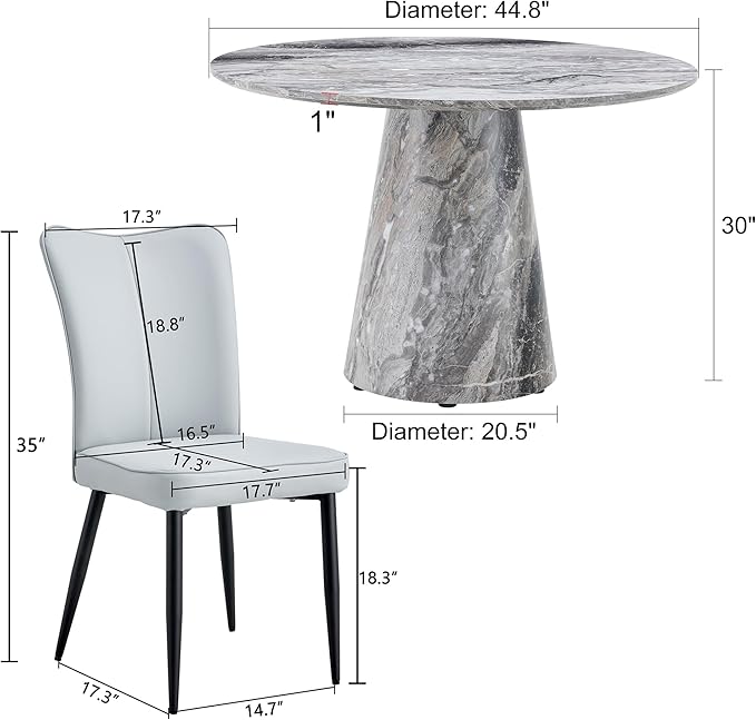 Round Dining Table Set for 6, 45IN Kitchen Table Set with Faux Marble Table Top and PU Upholstered Chairs, Modern Dinner Table with Chairs Set for Dinning Room, Living Room