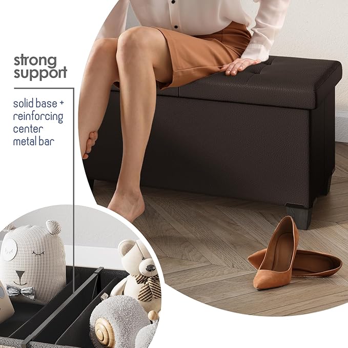 STORAGEBUD Storage Ottoman Bench with Bins, 43-in Storage Bench for Bedroom End of Bed, Folding Foot Rest Ottoman for Living Room Max 660lbs, Faux Leather Ottomans, Brown