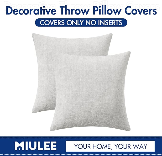 MIULEE Pack of 2 Light Gray Throw Pillow Covers 16x16 Inch Soft Chenille Pillow Covers for Sofa Living Room Couch Solid Dyed Cases