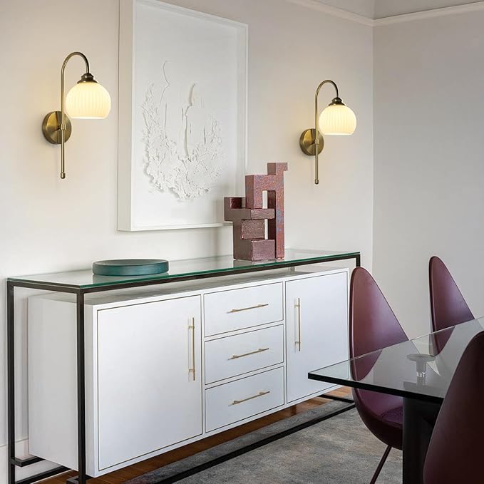 KCO Lighting Gold White Cordless Wall Sconces Mid Century Modern Bedroom Sconces Set of 2 Milk Glass Wall Lamps Antique Brass Wall Light Set of Two Retro Bathroom Vanity Light Fixtures