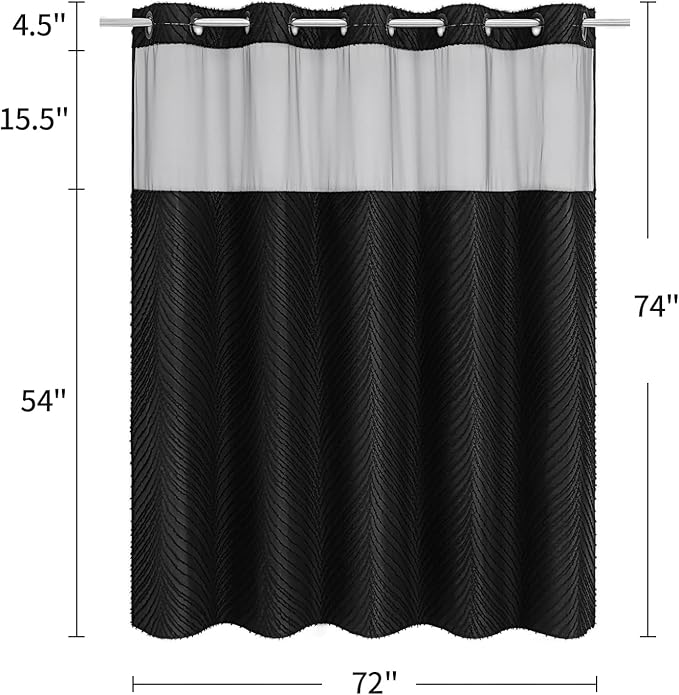 No Hook Black Boho Shower Curtain and Liner Set, Modern Fabric Shower Curtain with Snap in Liner, Hotel Style with See Through Top Window Shower Curtains for Luxury Bathroom Decor, 72x74