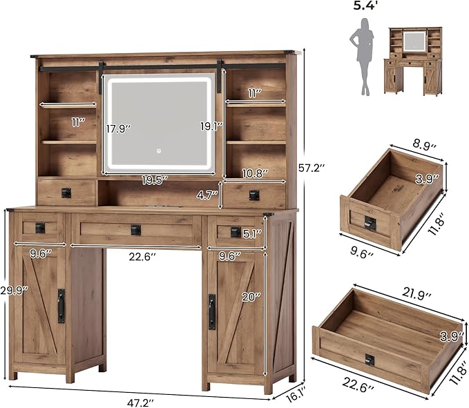 Makeup Vanity Desk with Lights, 47.2" Farmhouse Vanity Table with Sliding Mirror & Charging Station, Large Makeup Desk with 5 Drawers & 2 Cabinets, Rustic Oak