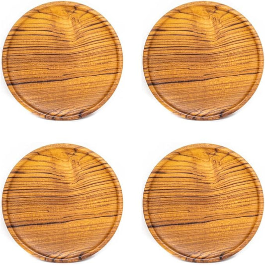 Rainforest Bowls Set of 4 8" Round Javanese Teak Wood Plates- Perfect for Everyday Use- Hot & Cold Friendly, Ultra-Durable, Premium Wooden Plates- Handcrafted by Indonesian Artisans