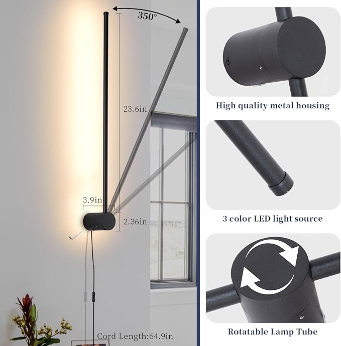 Dimmable Plug in Wall Sconce Set of 2, Black 23.6" LED Wall Light with Remote, Adjustable Color Temperature Brightness Wall lamp with Timer for Living Room,Bedroom and Accent Lighting