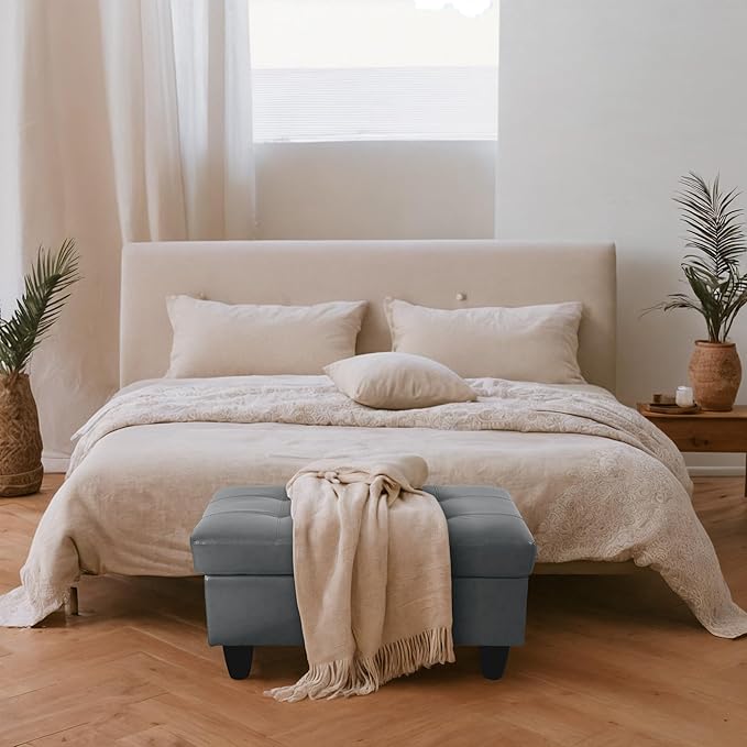 Ottoman Rectangular Storage Ottoman Bench, Faux Leather Footrest, Coffee Table, Stool Footstool with Hinged Lid for Living Room, Bedroom, Entryway, Light Blue, 35"x23.5"x17.5"