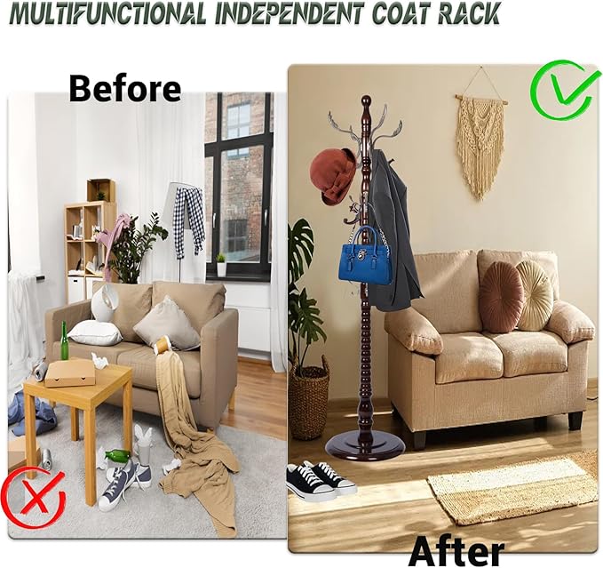 73" Wooden Coat Rack Stand,Coat Racks Freestanding With 14 Hooks And Solid Round Base Heavy Duty Adjustable Height Hall Tree Coat Rack for Entryway Hallway Foyer Office Bedroomf (Mahogany metal)